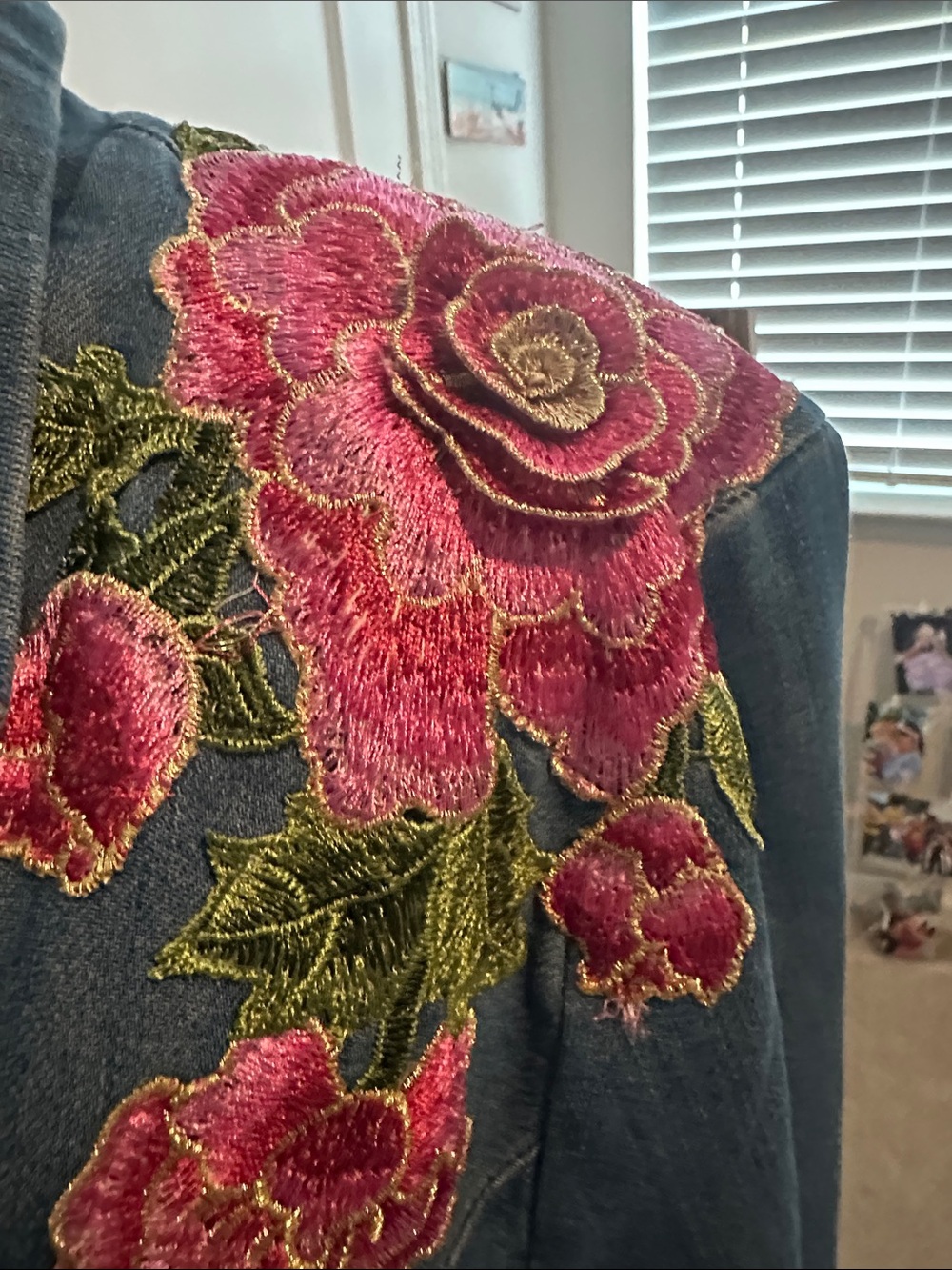 Embroidered Blue Denim Blazer Jacket with Pink Floral Detail - Picture 2 of 6